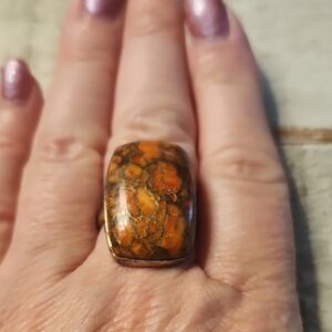 Red Copper Turquoise Size 9 .925 Sterling,Amber Orange and Brown Statement Ring